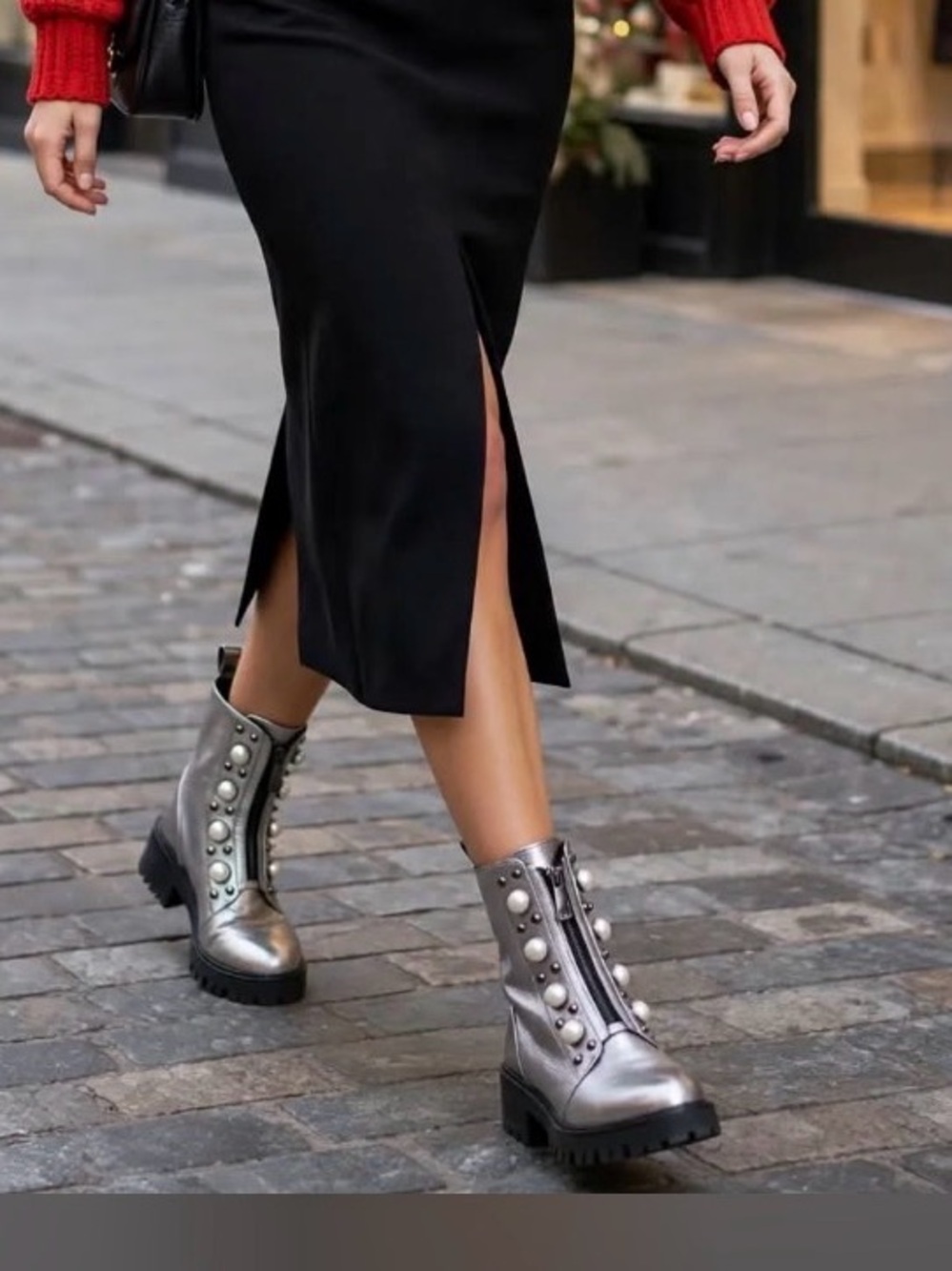 KARL LAGERFELD Payden Silver Big Pearl Moto Boots 6 MSRP $275